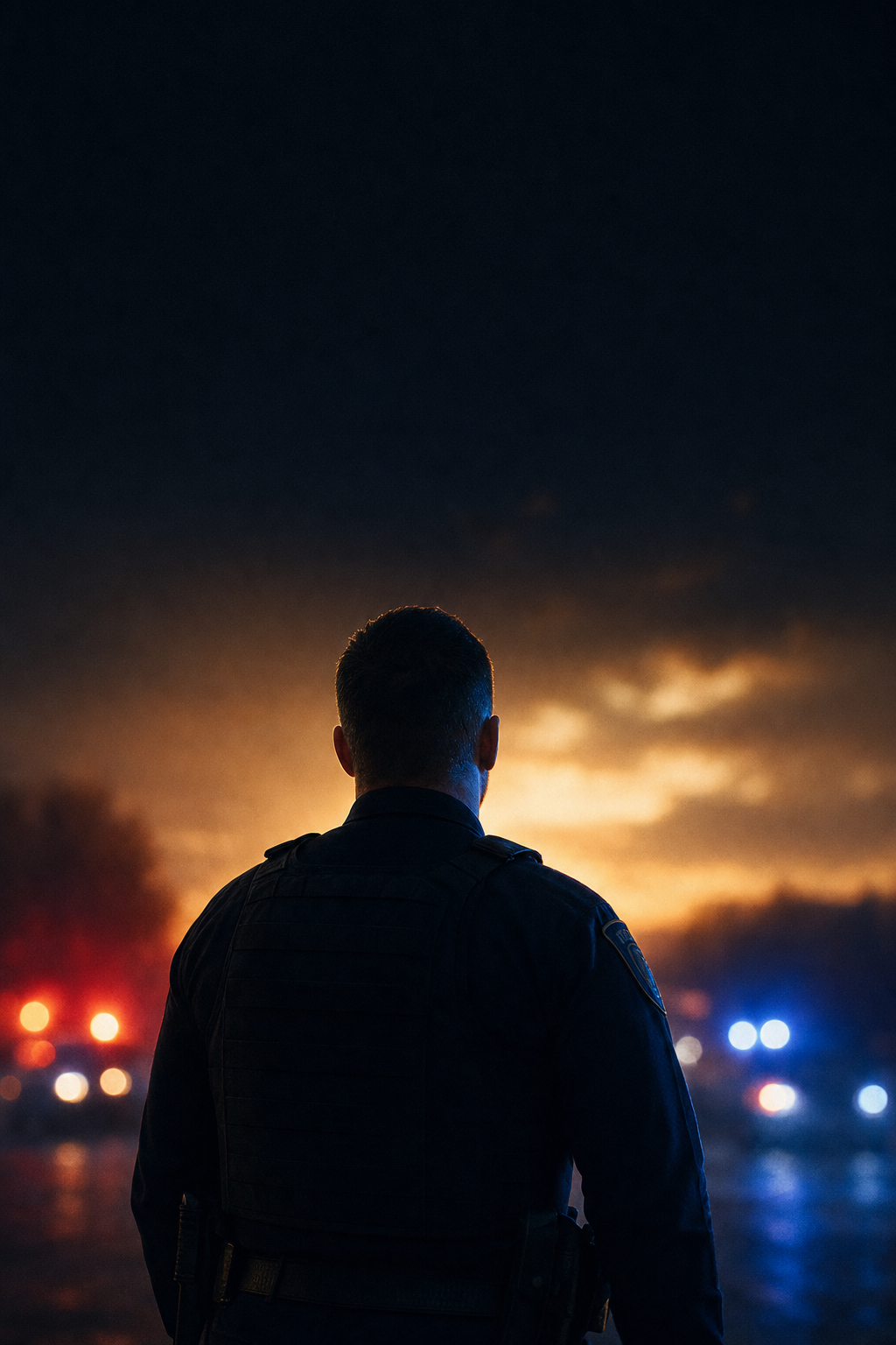 A police officer stands at dawn, facing a break of golden light, patrol lights glowing behind — honoring wounded officers.